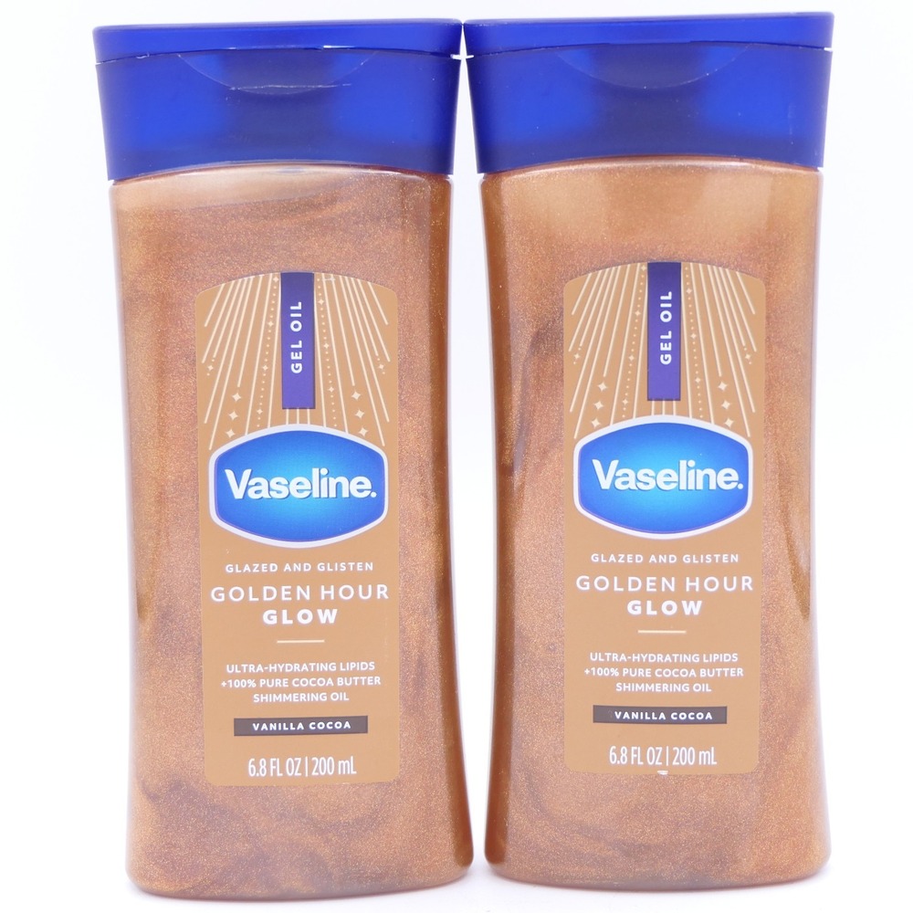 Vaseline Glazed & Glisten Golden Hour Glow Gel Oil Vanilla Cocoa 2 Pack 6.8oz Ea